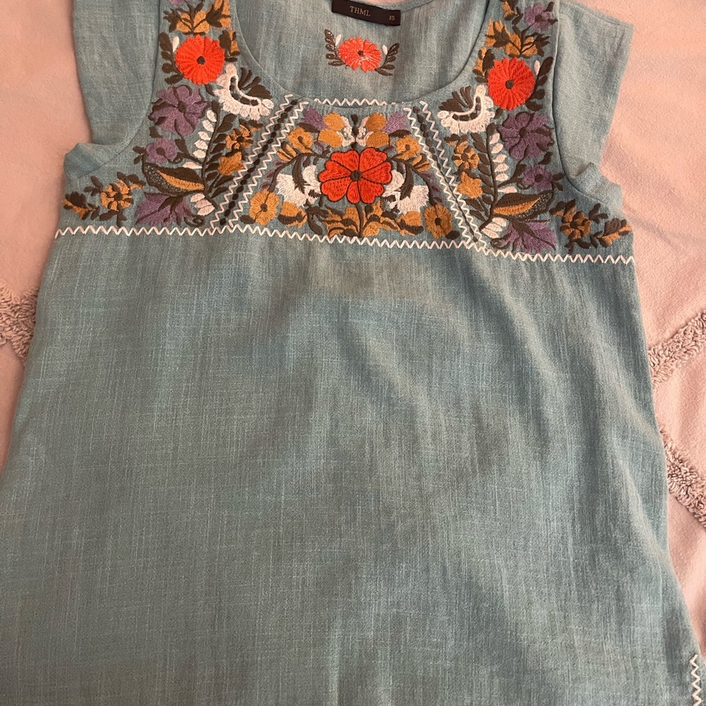 THML Blue Blouse with Colorful Embroidery